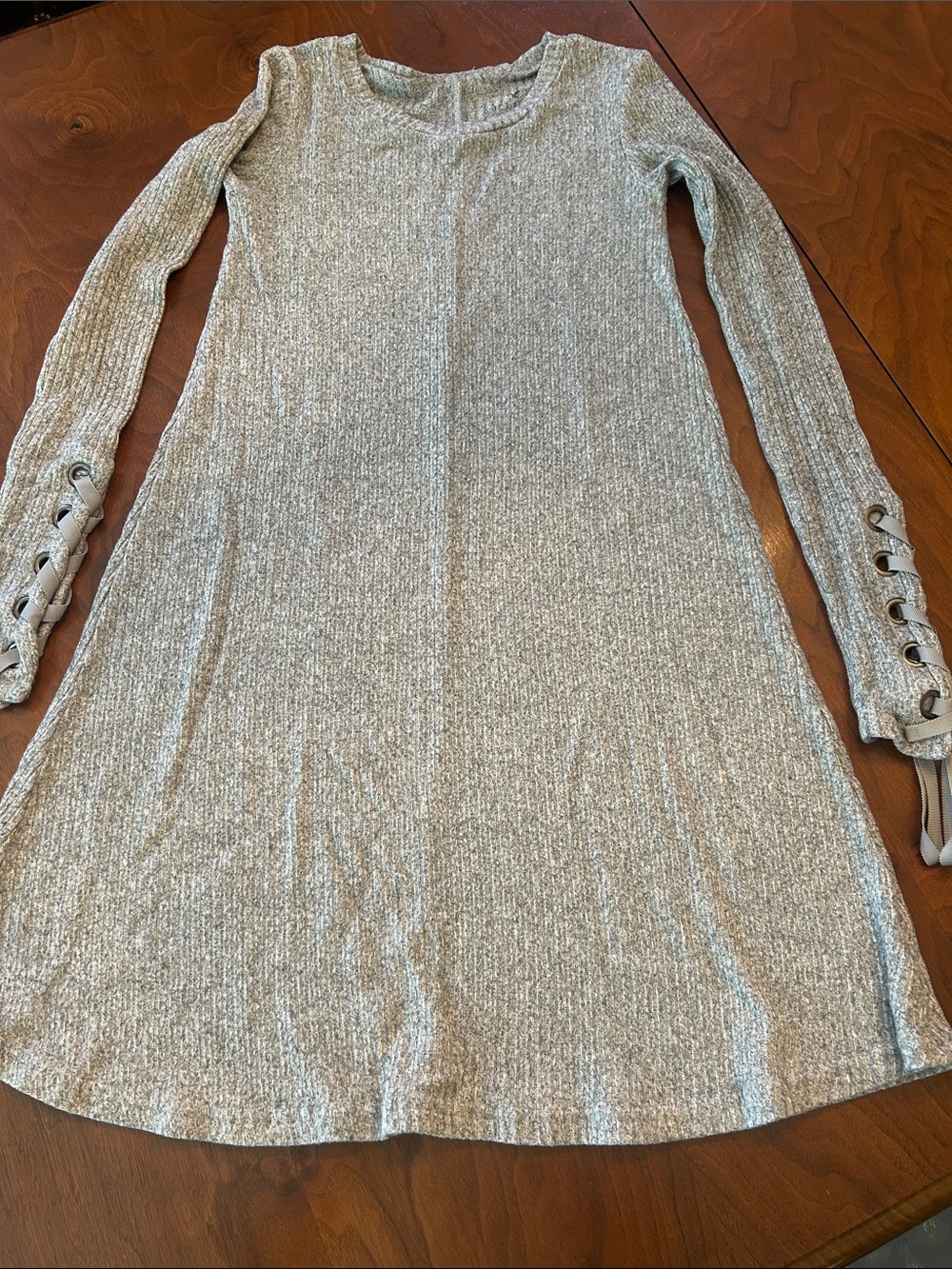 American Eagle Outfitters Light Gray Ribbed Long Sleeve Dress with Lace-Up Cuffs